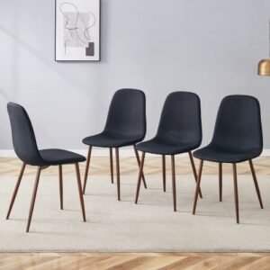 Luxury Simple Chair - Set Of 4 BLACK Linen-Cotton Material High Resilience Dining Chair With Metal Walnut Color Leg.Integral Metal Leg Architecture,Suitable For Various Interior Decoration Styles.